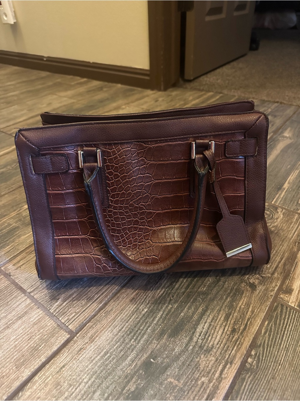 brown crocodile skin leather handbag